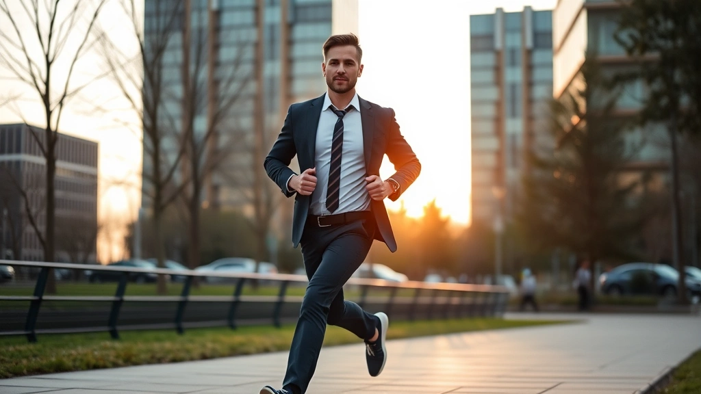 Professional man in business attire jogging outdoors at sunrise, energetic and focused, modern urban park setting, morning light, athletic wear, health-conscious
