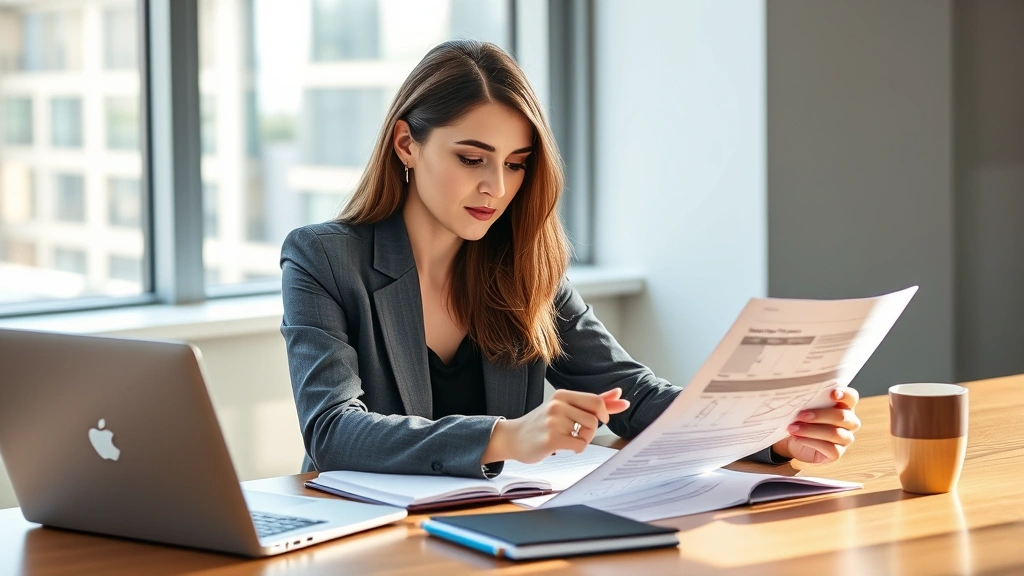 Professional woman reviewing health insurance documents at modern desk with laptop, notebook, and coffee cup, natural lighting from window, focused expression analyzing coverage options