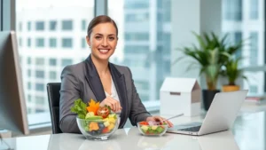 Professional woman in business attire sitting at desk with healthy lunch bowl, bright office window background, confident expression suggesting wellness and productivity