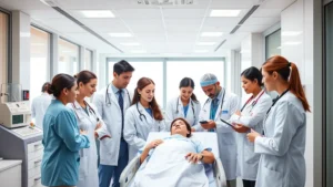 Professional healthcare team in modern clinical setting collaborating on patient care, diverse professionals working together, bright hospital environment, photorealistic