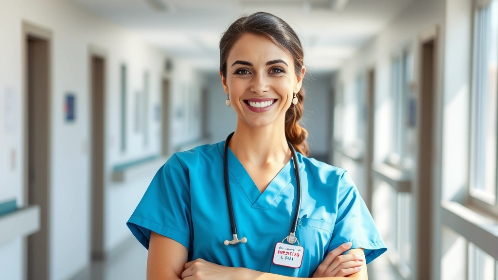 Professional female nurse in scrubs smiling confidently in modern hospital corridor with natural lighting, representing healthcare career excellence and patient care dedication