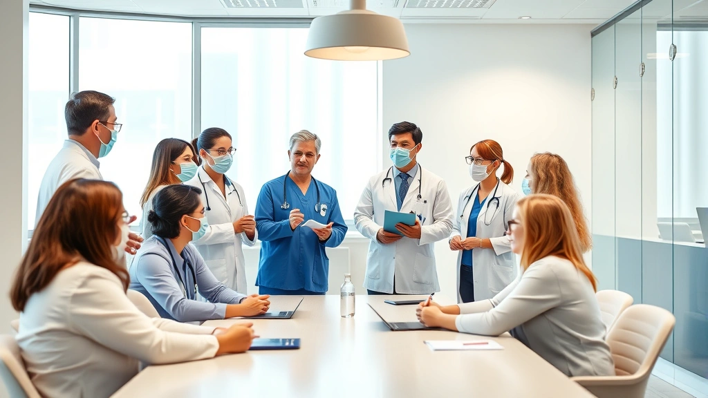 Diverse team of healthcare professionals including doctors, nurses, and therapists collaborating in bright medical facility conference room, symbolizing interprofessional collaboration and workplace culture