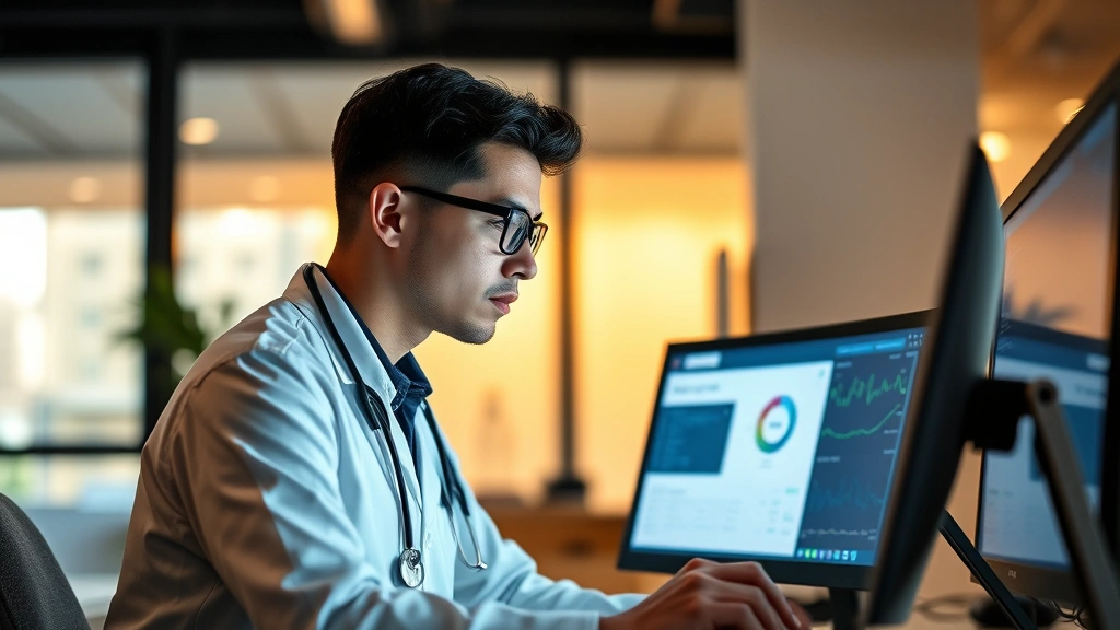 Young professional healthcare administrator reviewing patient data on computer in modern office setting with warm lighting, representing administrative career growth and healthcare technology advancement