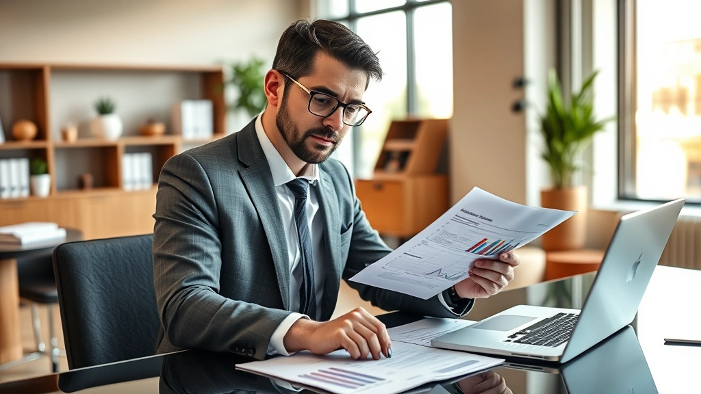 Affluent professional reviewing financial documents and investment portfolio at modern desk with laptop, natural lighting, sophisticated office environment, confident expression