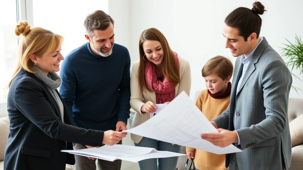 Diverse family reviewing home investment plans with real estate agent, examining property blueprints and mortgage documents, collaborative discussion, professional setting