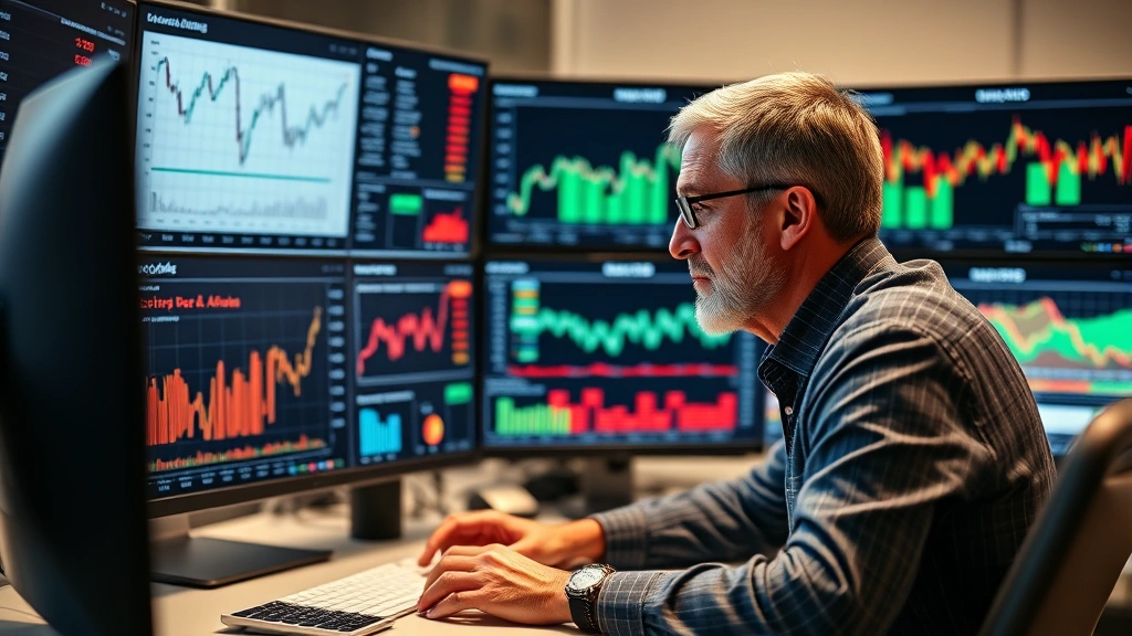 Mature investor reviewing diversified portfolio dashboard showing stocks, bonds, and real estate holdings on multiple monitors, analytical focus, wealth management workspace