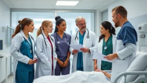 Professional healthcare team in modern hospital setting collaborating during patient care rounds, wearing scrubs and white coats, diverse medical professionals discussing treatment plans at bedside with confidence and expertise