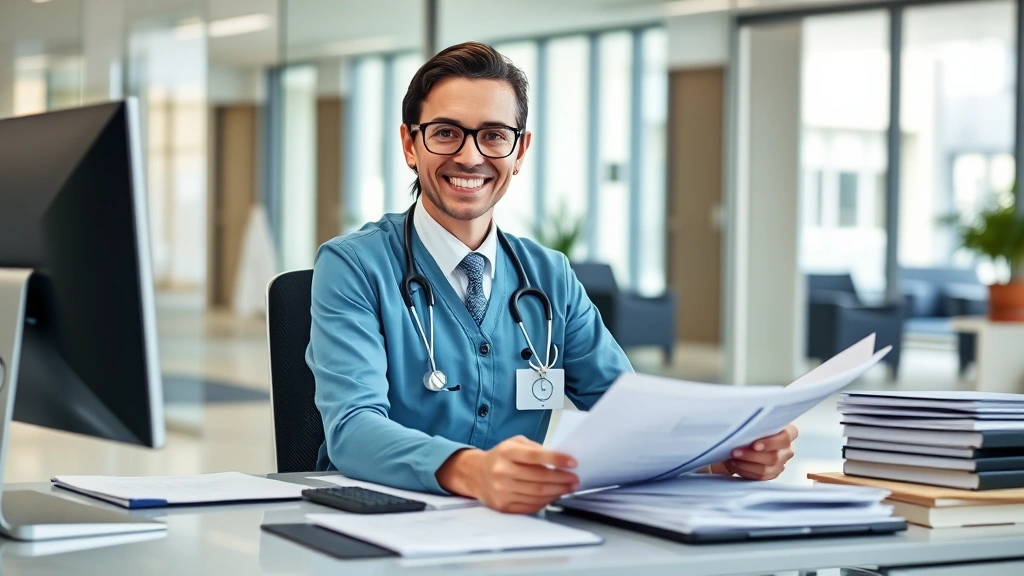 Confident healthcare administrator in professional business attire working at organized desk in hospital office with computer, reviewing patient records and department reports, modern healthcare facility background with glass walls and natural lighting