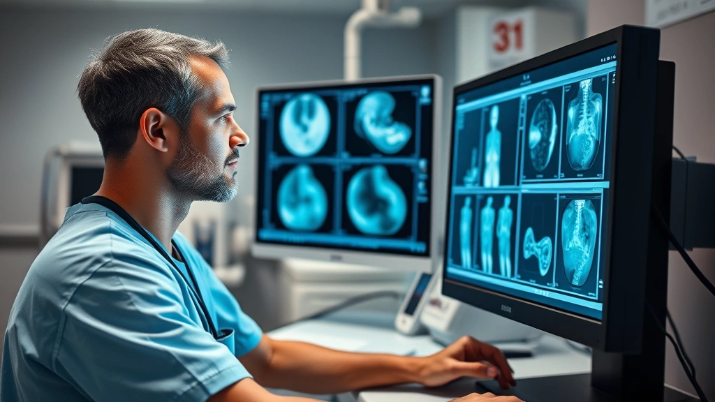 Medical professional in surgical scrubs examining diagnostic imaging results on computer workstation in hospital laboratory, focused expression showing clinical expertise, modern medical technology and professional healthcare environment
