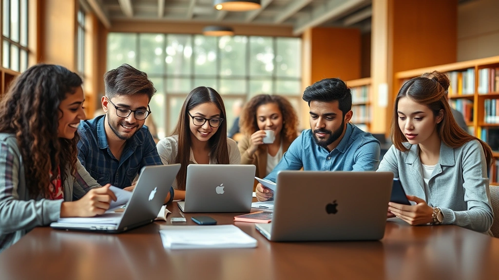 Young diverse college students studying at library table with laptops and notebooks, natural sunlight, focused expressions, professional setting, warm tones