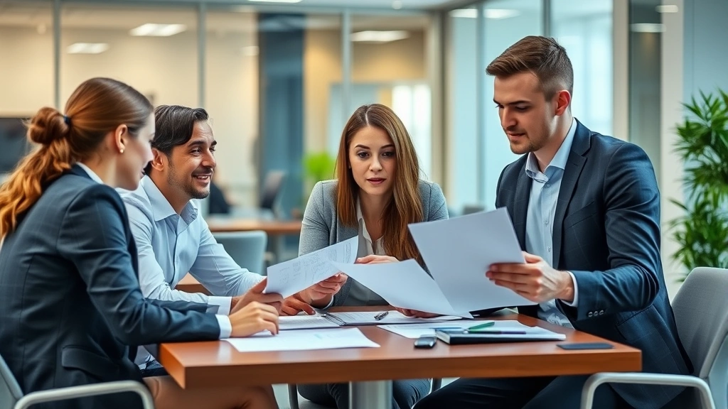Group of young professionals in business casual attire discussing financial documents at modern office table, collaborative atmosphere, contemporary workplace setting