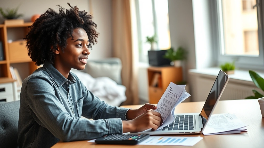 Young diverse college student studying at desk with laptop, financial documents, and calculator in modern dorm room, natural sunlight, professional and focused expression, wealth building concept