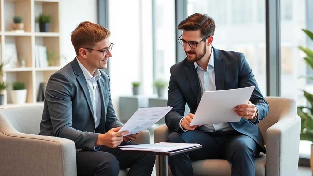 Professional financial advisor meeting with young adult in modern office, reviewing investment portfolio and financial plan documents, collaborative discussion, trust and expertise visible