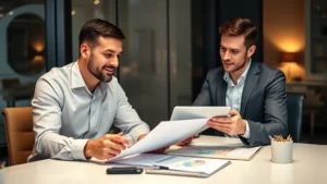 Professional financial advisor reviewing investment portfolio with client at modern office desk, documents and tablet visible, warm lighting, confident expression