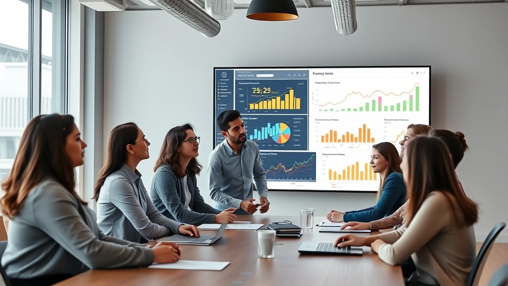 Diverse group of young professionals analyzing financial charts and growth metrics on large display screen in contemporary corporate meeting room, collaborative atmosphere