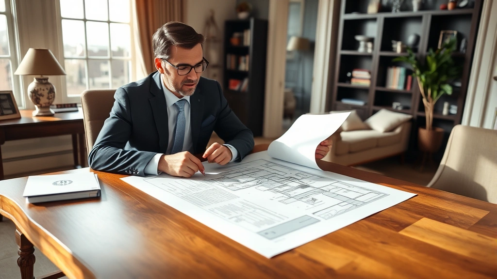 Wealthy individual reviewing real estate property investment documents with architectural blueprints spread across wooden desk in upscale home office, natural sunlight