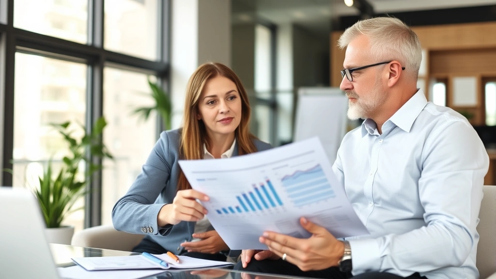 Professional financial advisor reviewing investment portfolio with client in modern office, discussing wealth growth strategies and long-term financial planning
