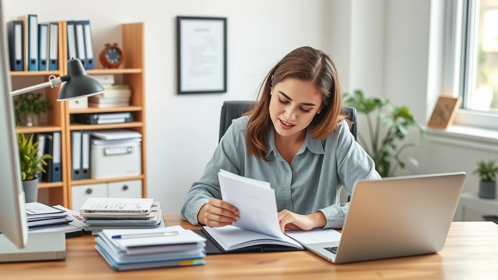 Young professional organizing financial documents and healthcare receipts at home office desk, planning HSA contributions and medical expense tracking system