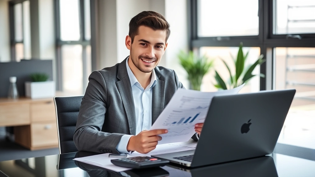 Professional young adult reviewing financial documents at modern desk with laptop and calculator, confident expression, natural lighting from window, contemporary office setting
