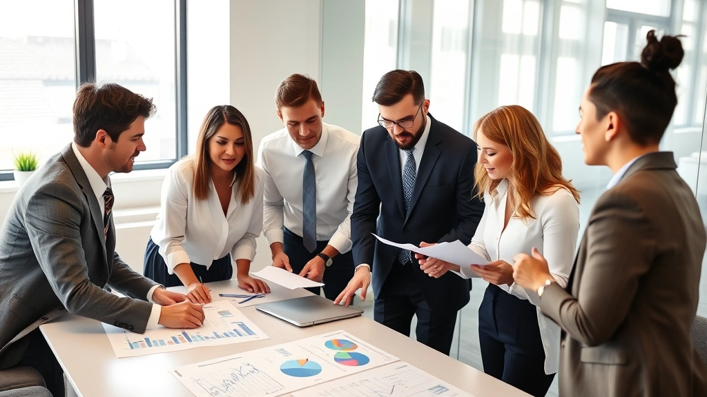 Diverse group of professionals in business attire collaborating around conference table with charts and financial reports, bright office environment, focused discussion