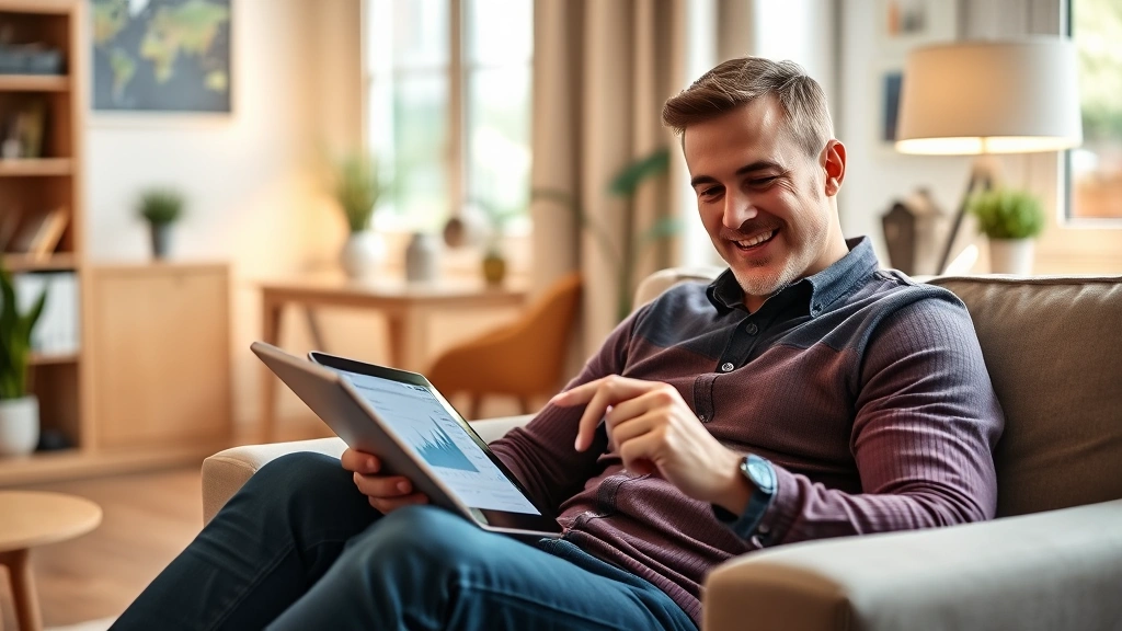 Person confidently reviewing investment portfolio on tablet while sitting in comfortable home office, charts and graphs visible on screen, warm ambient lighting