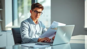 Young professional in business casual attire sitting at a desk with a laptop, reviewing financial documents and charts, natural lighting from office window, confident expression, modern minimalist workspace
