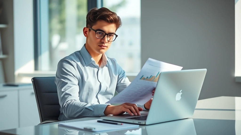 Young professional in business casual attire sitting at a desk with a laptop, reviewing financial documents and charts, natural lighting from office window, confident expression, modern minimalist workspace