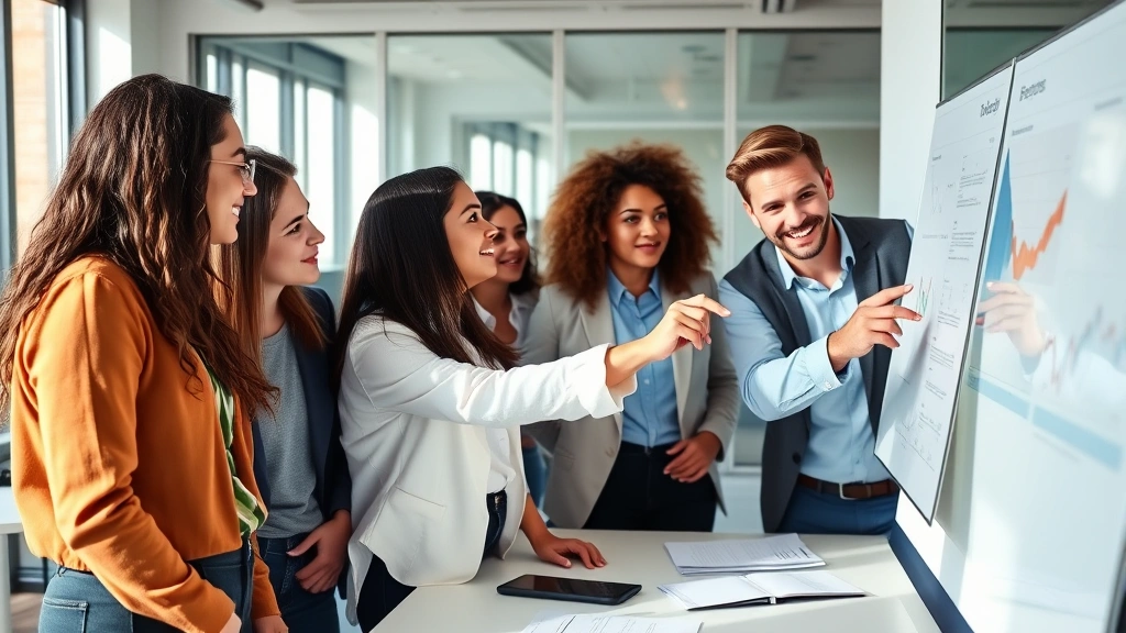Diverse group of young adults in professional clothing having a collaborative discussion in a modern office meeting room, pointing at data on a whiteboard, natural daylight, energetic and focused atmosphere