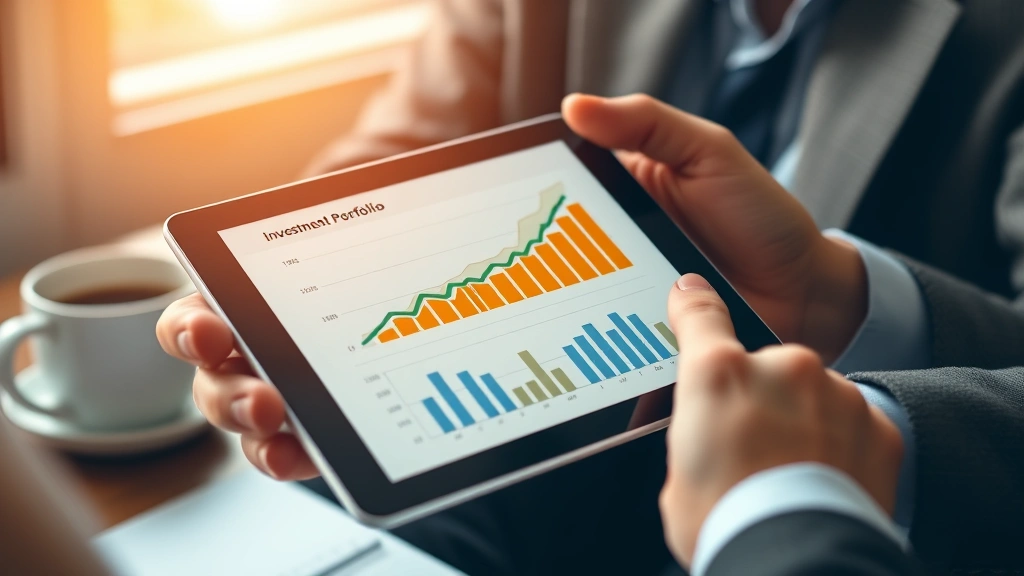 Close-up of hands holding a tablet displaying investment portfolio growth chart, coffee cup nearby, warm natural light, professional yet approachable setting, representing wealth planning and financial progress
