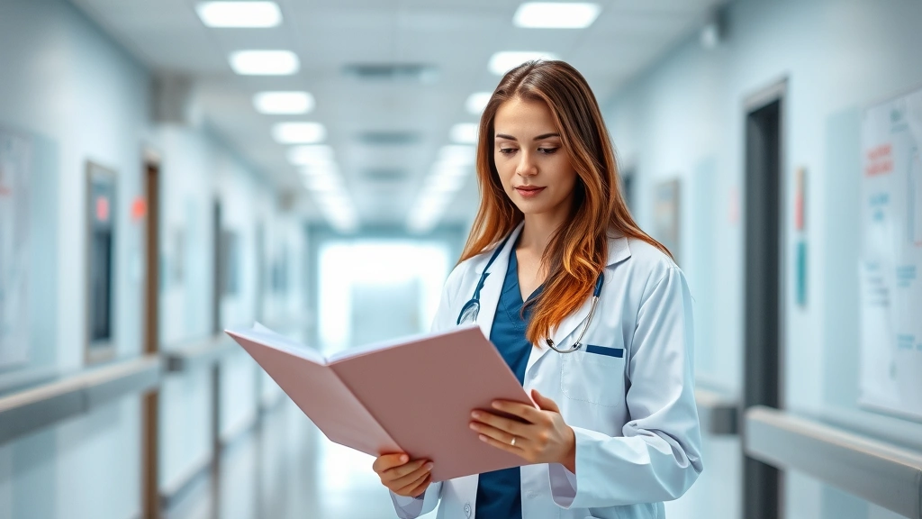 Professional female physician in white coat reviewing patient files in modern hospital corridor, confident expression, natural lighting, realistic healthcare setting