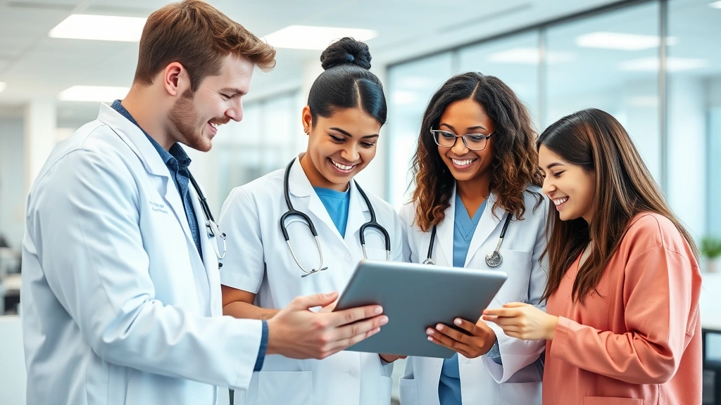 Young diverse healthcare professionals collaborating around digital tablet in clinical workspace, modern medical facility background, natural teamwork atmosphere