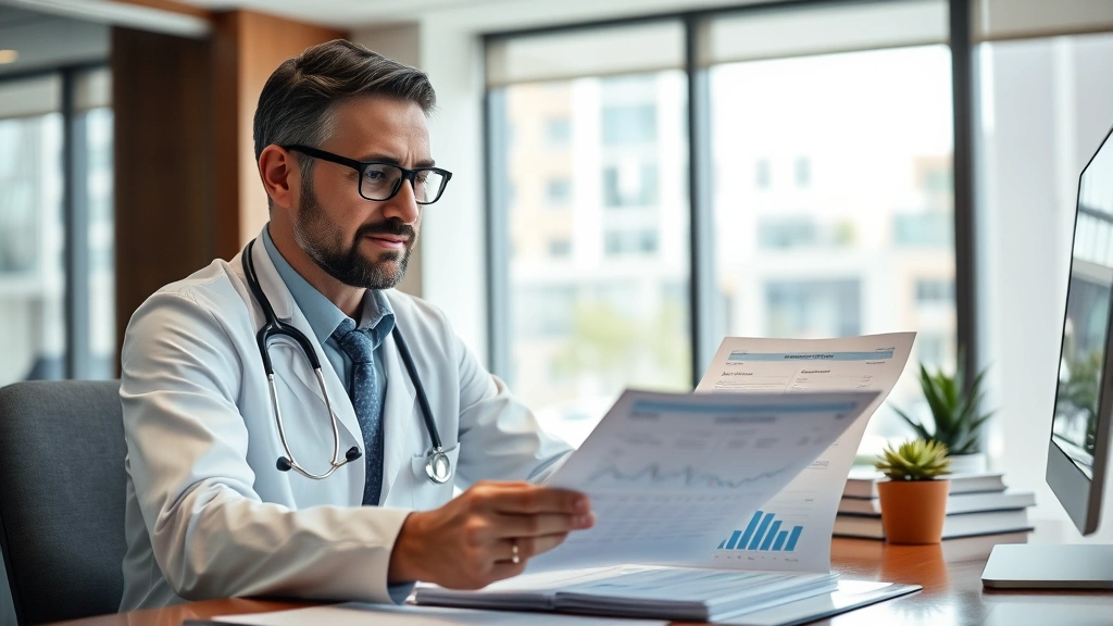 Successful healthcare professional reviewing financial documents and investment portfolio at desk, modern office environment, focused and confident demeanor