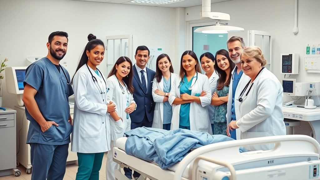 Professional healthcare team in modern hospital setting, diverse medical professionals collaborating around patient care station, clinical environment with contemporary medical equipment, warm professional atmosphere