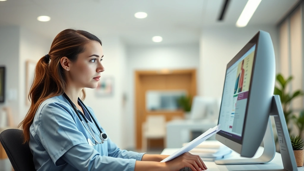 Female nurse practitioner reviewing patient records at computer workstation in modern healthcare facility, focused professional expression, contemporary medical office background with soft lighting