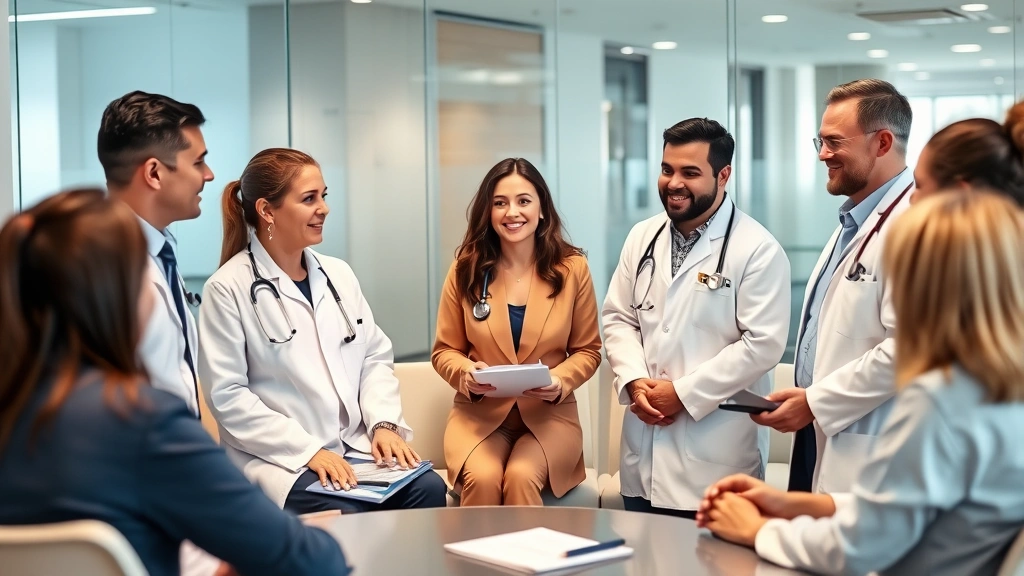 Group of healthcare professionals in meeting room discussing career development, diverse team including doctors and administrators, modern healthcare facility interior, collaborative professional environment