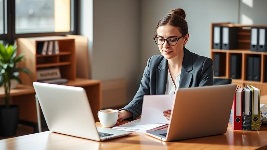 Professional woman in business casual attire reviewing health insurance documents at a modern office desk with a laptop, coffee mug, and organized file folders, natural window lighting, confident expression, warm professional environment