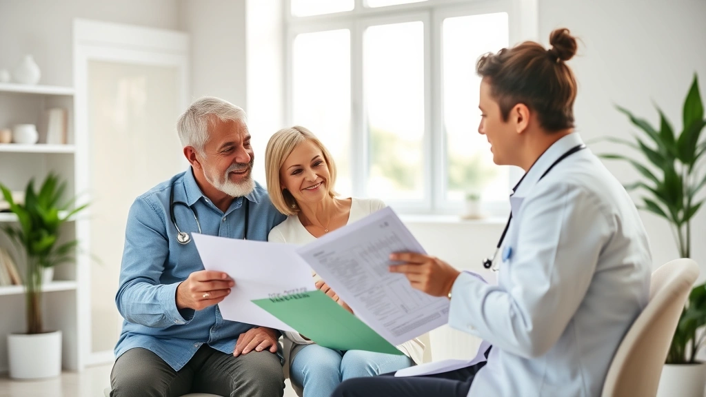Middle-aged couple meeting with a healthcare advisor in a clean clinical office setting, reviewing charts and discussing medical insurance options, bright natural lighting, collaborative atmosphere, professional healthcare environment
