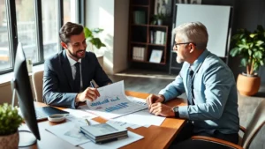 Professional financial advisor reviewing investment portfolio with client in modern office, charts and documents on desk, natural lighting, wealthy professional setting