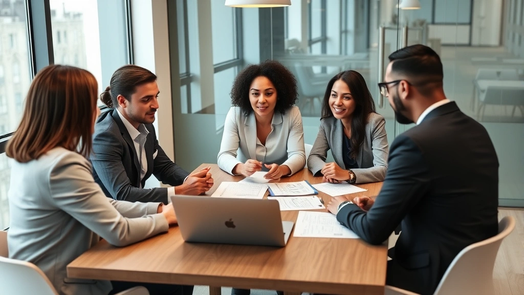 Diverse group of professionals in business attire discussing financial goals around conference table, laptop and financial documents visible, collaborative wealth planning environment
