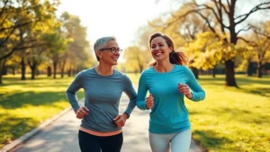A couple jogging together outdoors on a sunny morning through a park, both smiling and energized, representing shared health goals and wellness partnership