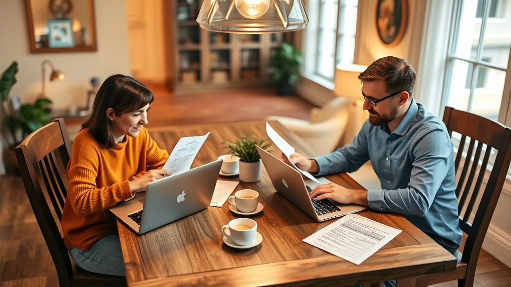 Two people sitting at a home dining table with laptops and financial documents, discussing budget planning and investment strategies over coffee, warm lighting