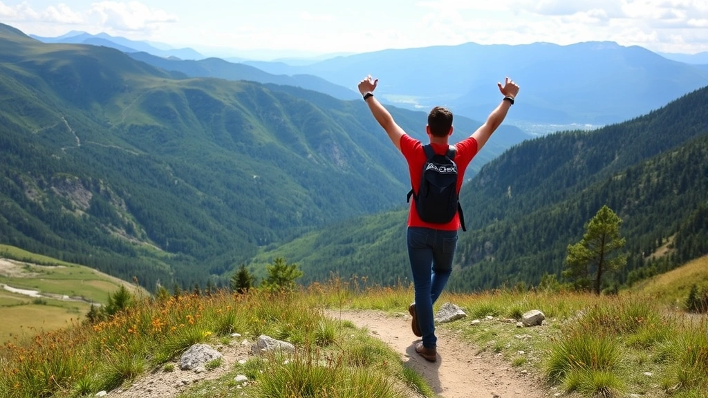 A couple hiking on a mountain trail with scenic valley views in background, holding hands and celebrating together, symbolizing shared life goals and relationship strength