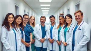 Professional healthcare team in modern hospital corridor wearing scrubs and white coats, diverse group smiling confidently, bright clinical lighting, professional medical environment