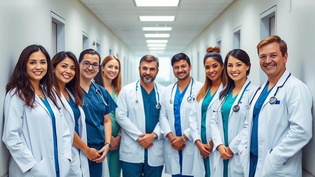 Professional healthcare team in modern hospital corridor wearing scrubs and white coats, diverse group smiling confidently, bright clinical lighting, professional medical environment