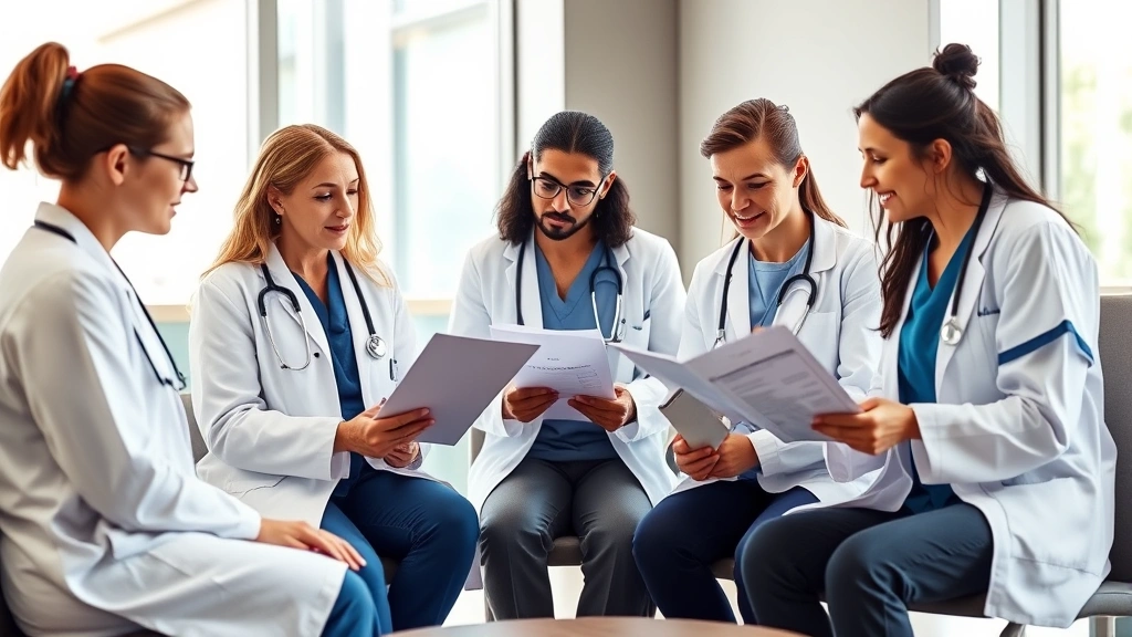 Diverse healthcare workers in collaborative meeting room reviewing charts and discussing patient care, modern hospital setting with natural light, teamwork and professionalism evident
