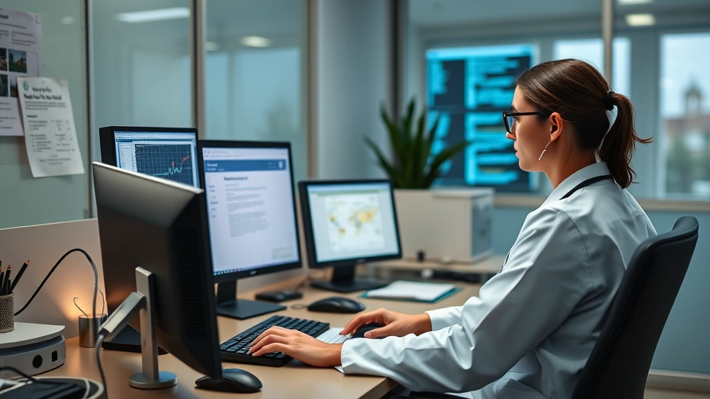 Healthcare professional at modern workstation using computer systems, professional medical office environment, focused and engaged in clinical documentation, contemporary healthcare technology