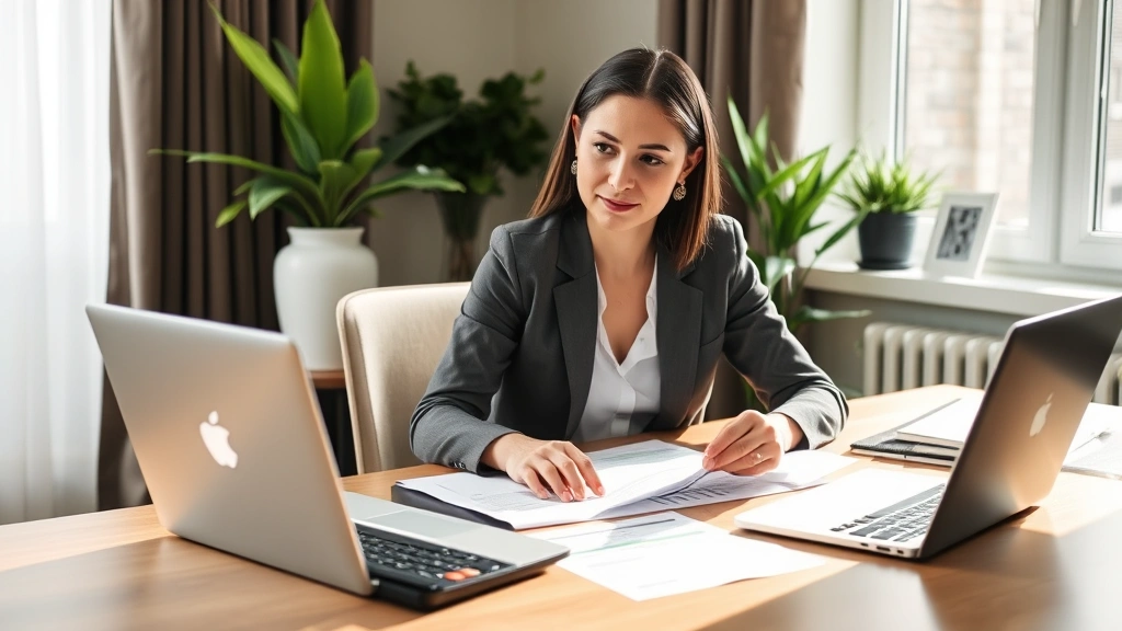Professional woman reviewing health insurance documents at home office desk with laptop and calculator, sunlight from window, contemporary workspace setting