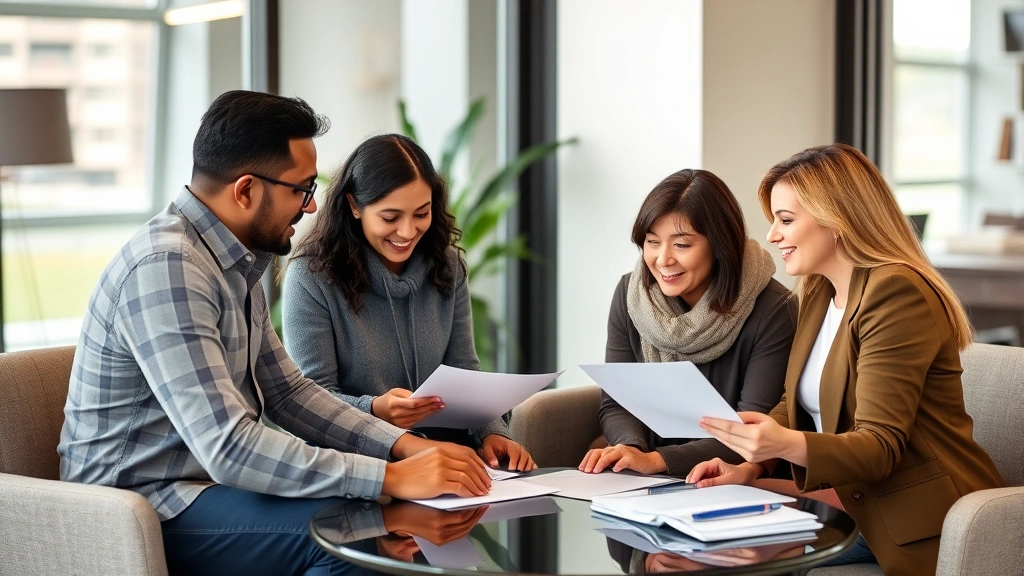 Diverse family having consultation with financial advisor in modern office, reviewing documents and discussing healthcare planning, warm professional environment