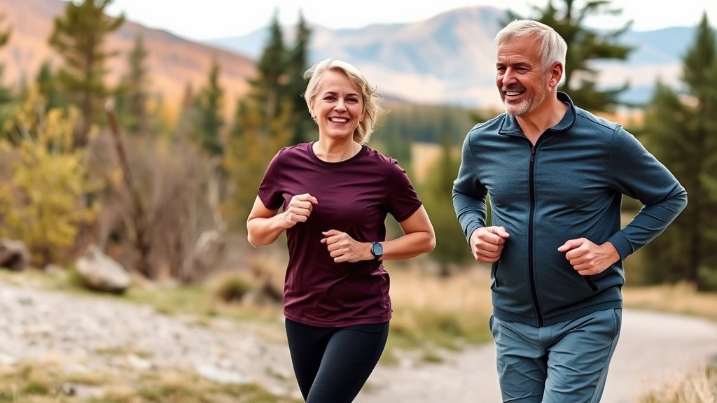 Middle-aged couple jogging outdoors in scenic Vermont landscape, maintaining health and wellness, trees and mountains in background, active lifestyle