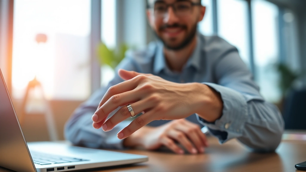 Professional wearing advanced health monitoring ring on wrist, sitting at desk with laptop, looking focused and energetic, modern office environment, morning light, subtle glow on ring device